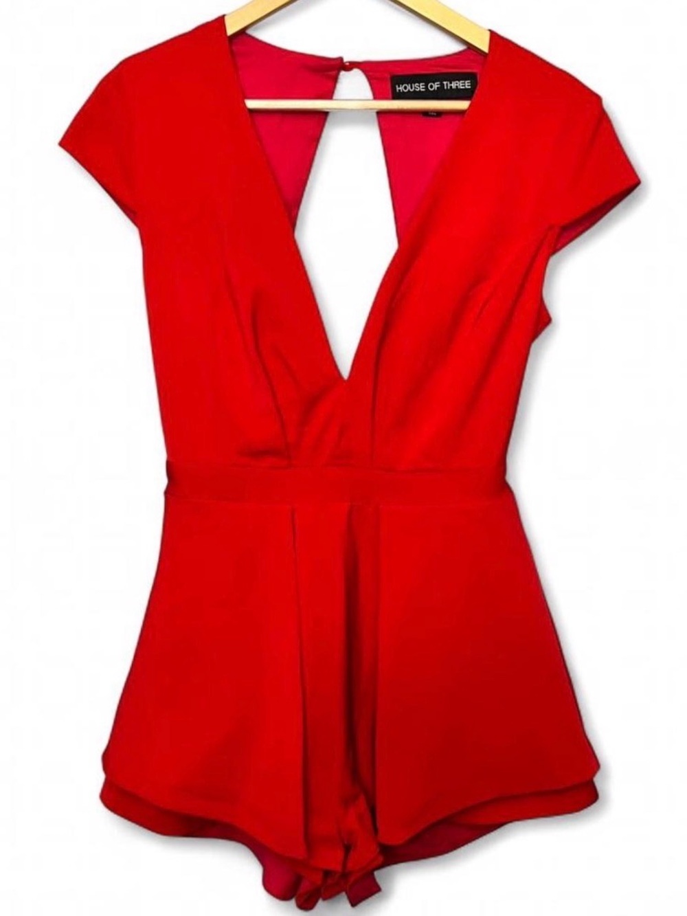 House of Three Women's Red Deep V Romper Date Night